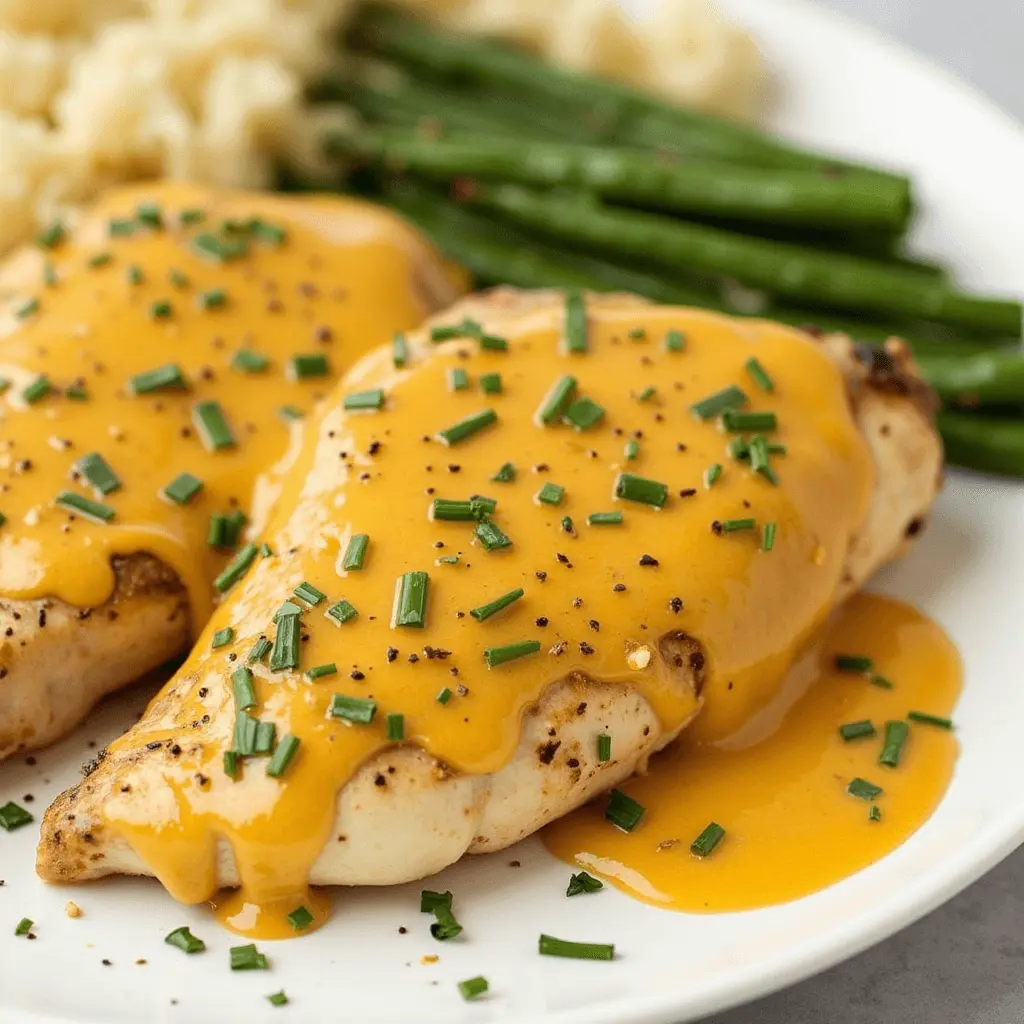 A plate of grilled chicken breast topped with creamy honey mustard sauce, garnished with fresh chives, and served with green beans and mashed potatoes.