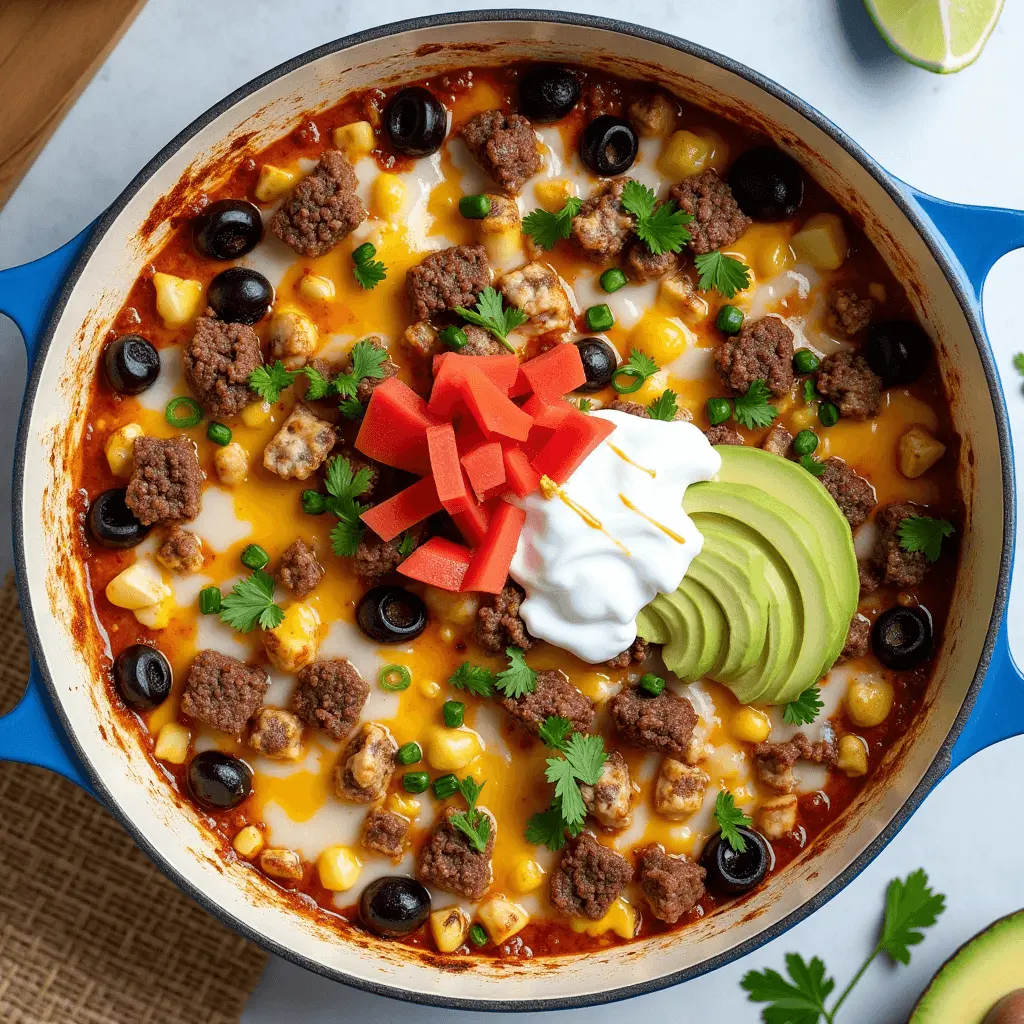 A vibrant one-pan Mexican-inspired dish featuring ground beef, melted cheese, corn, black olives, and fresh toppings like avocado, sour cream, and diced red bell peppers.