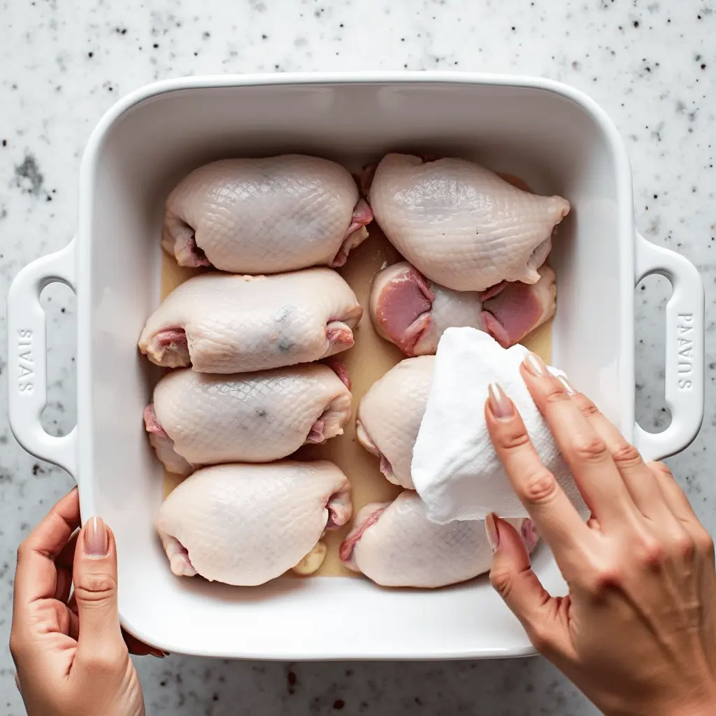 A pair of hands preparing raw chicken thighs in a white ceramic baking dish, patting them dry with a paper towel on a marble countertop.