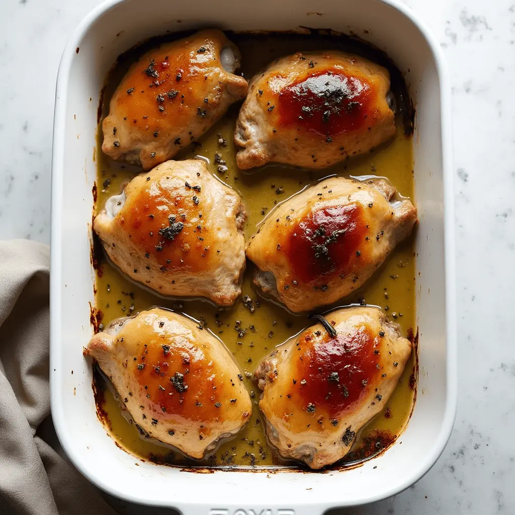 A white ceramic baking dish filled with golden-brown, honey mustard-glazed chicken thighs, garnished with black pepper and herbs, resting on a marble countertop.