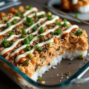 Sushi-inspired crispy Salmon bites on a bed of seasoned rice, drizzled with a rich teriyaki glaze.