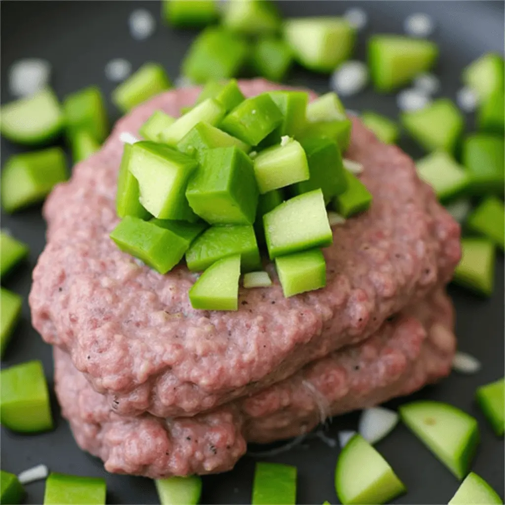 Raw venison patties topped with diced green bell peppers and surrounded by additional chopped peppers on a dark surface.