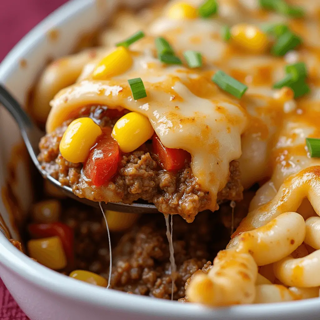 A close-up of a cheesy pasta bake with seasoned ground beef, melted cheese, corn, and red bell peppers, garnished with green onions. A spoonful is being lifted, showing the gooey melted cheese and flavorful layers.