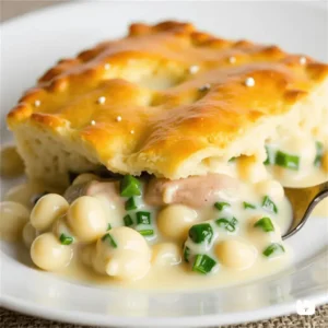 A golden, flaky chicken pot pie with a slice removed, revealing a creamy filling of chicken, peas, and vegetables.