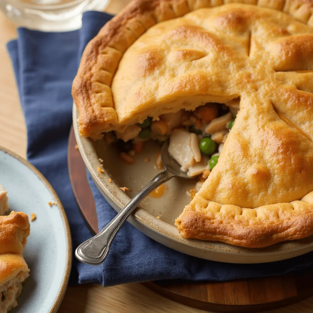 A slice of creamy chicken pot pie with a golden, flaky crust and a rich filling of chicken, peas, and pearl onions.