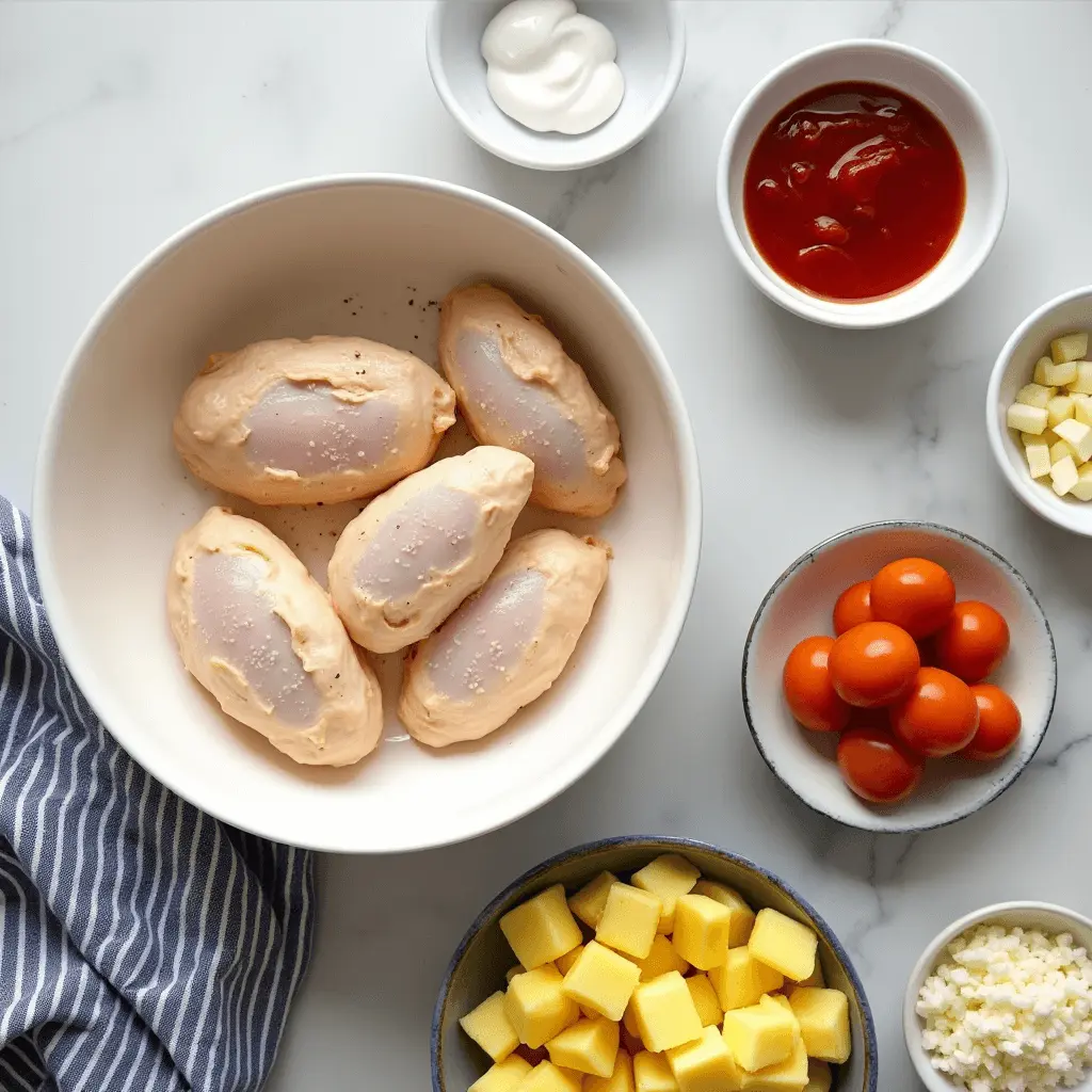 A top-down view of raw, marinated chicken breasts in a bowl, surrounded by ingredients like cherry tomatoes, cheese cubes, potatoes, mayonnaise, and ketchup on a white marble countertop.