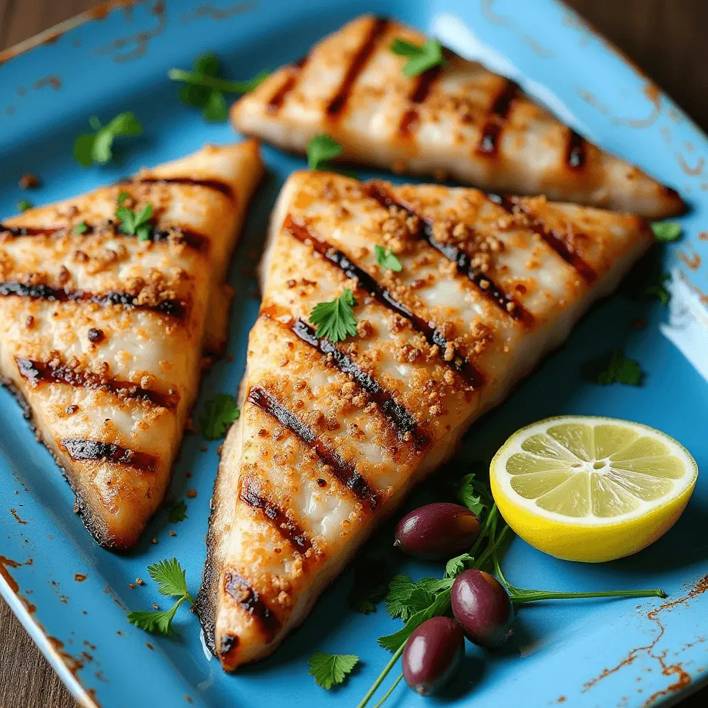 Grilled swordfish steaks with golden breadcrumbs, garnished with fresh parsley, served on a blue plate with olives and a lemon wedge.