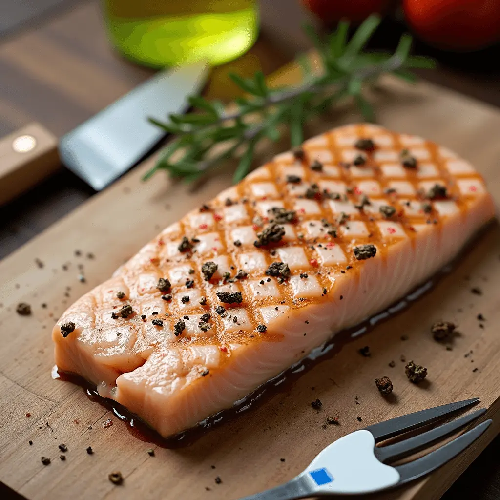 Freshly grilled salmon steak with a crosshatch sear, seasoned with cracked black pepper and spices, resting on a wooden cutting board with rosemary and a knife in the background.