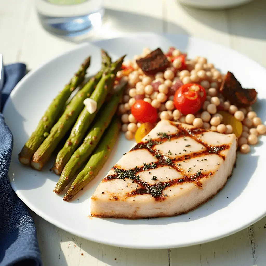 A grilled swordfish steak with char marks, served with roasted asparagus and a Mediterranean pearl couscous salad with cherry tomatoes and sun-dried tomatoes on a white plate.