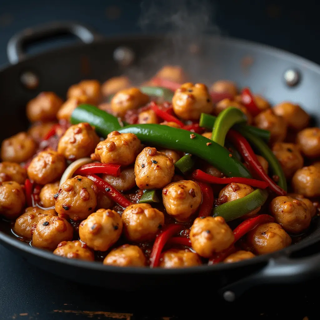 Spicy stir-fried chicken meatballs with red and green bell peppers in a black wok.