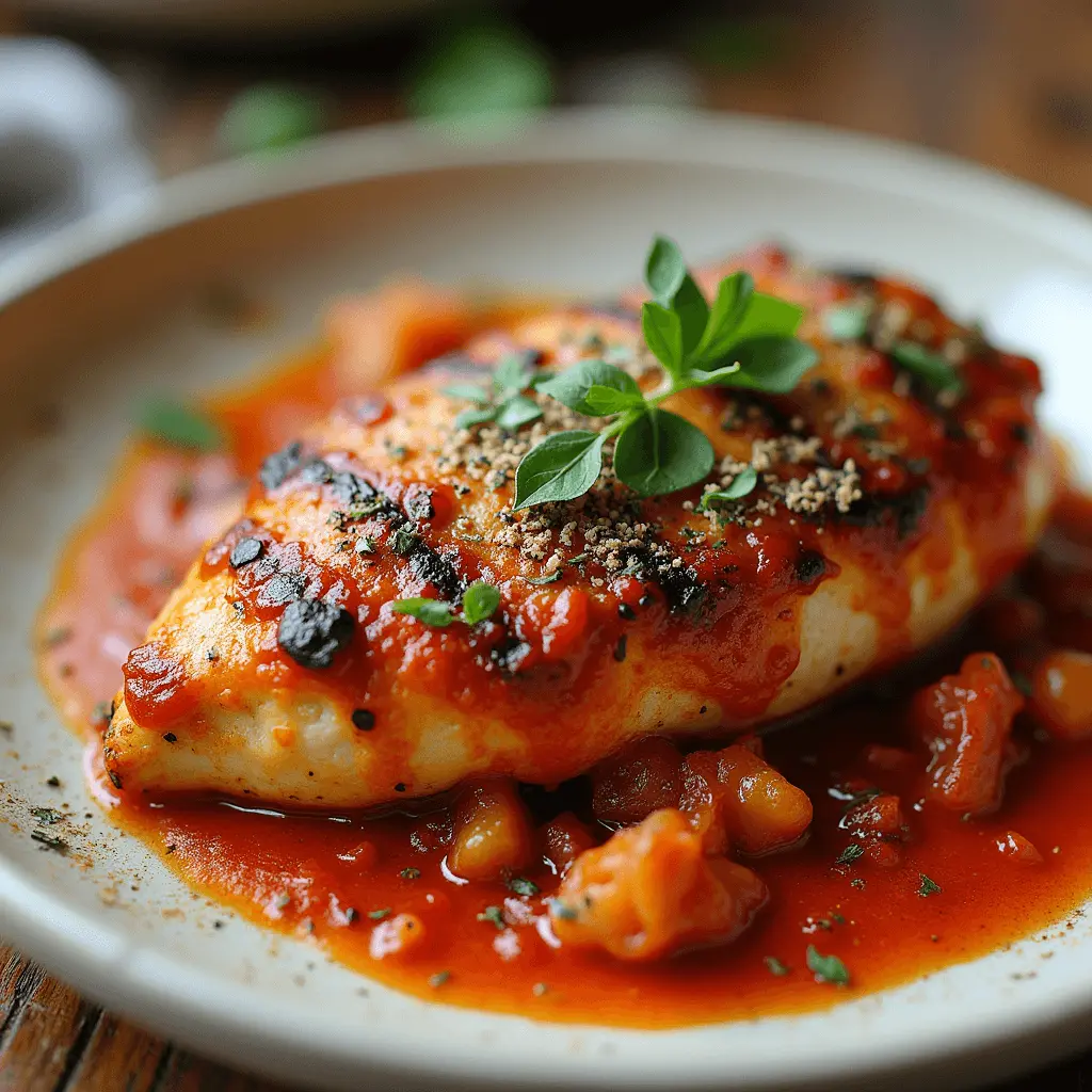 A beautifully plated Tuscan-style chicken breast covered in a rich tomato sauce, garnished with fresh herbs and a sprinkle of breadcrumbs.