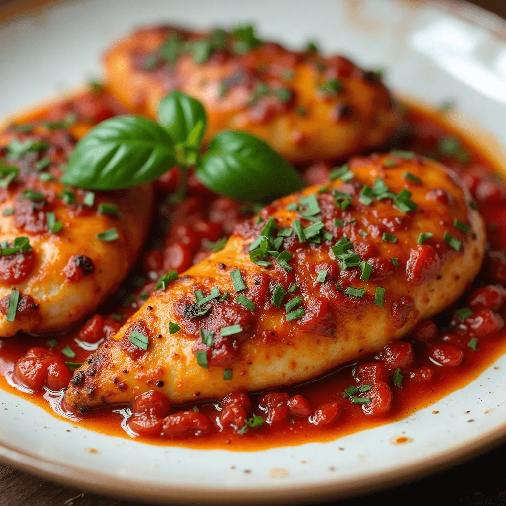 A plate of Tuscan-style chicken breasts topped with a rich tomato sauce, garnished with fresh chopped herbs and basil, served on a rustic ceramic dish.