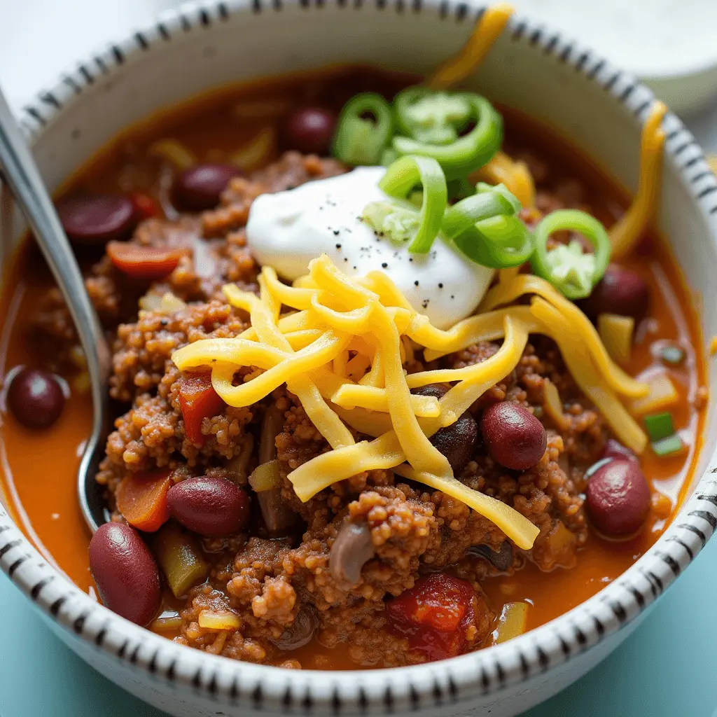 A bowl of hearty venison chili topped with shredded cheese, sour cream, and sliced jalapeños, served with a spoon. The dish is rich with kidney beans, tomatoes, and ground venison in a flavorful broth.