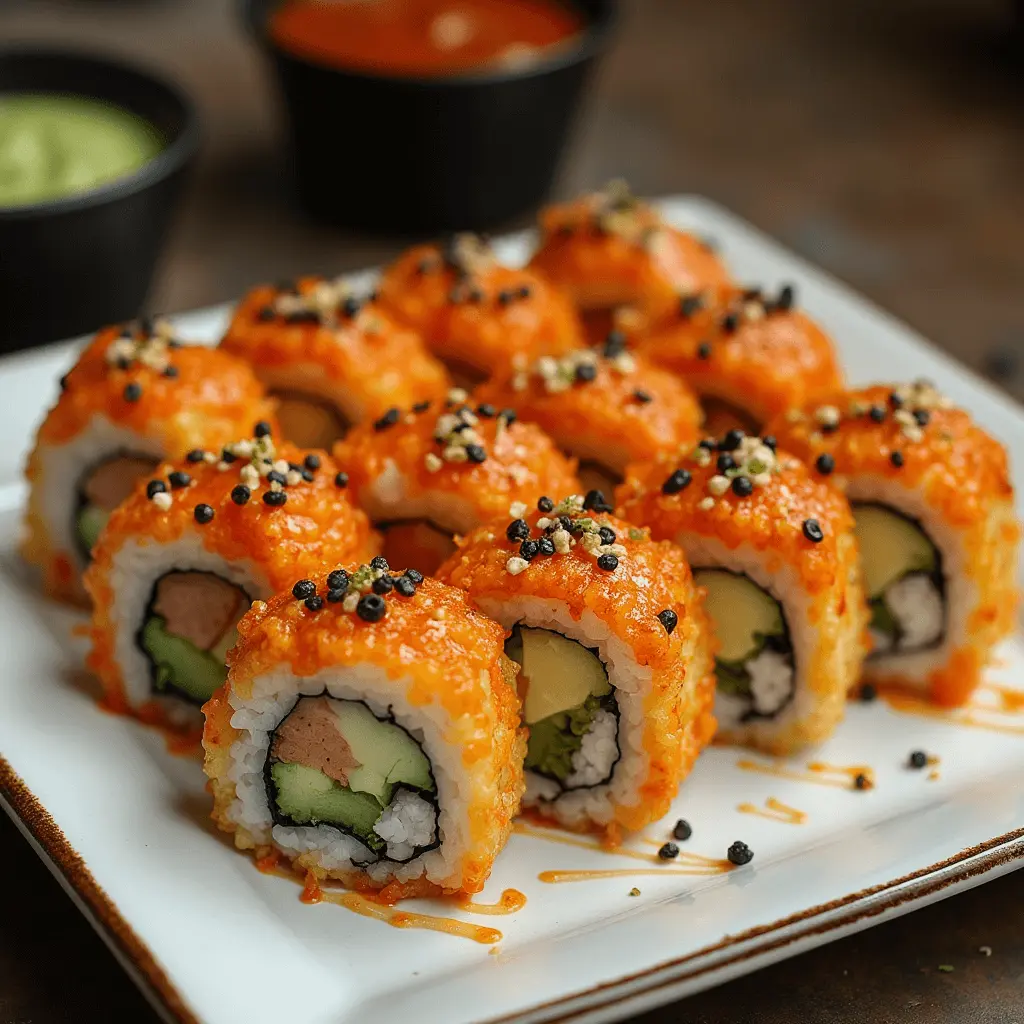 A plate of spicy volcano roll sushi topped with bright orange sauce, black tobiko, and crunchy toppings.