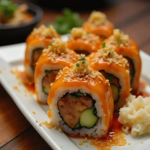 A plate of volcano roll sushi topped with spicy sauce, crispy tempura flakes, and fresh herbs.