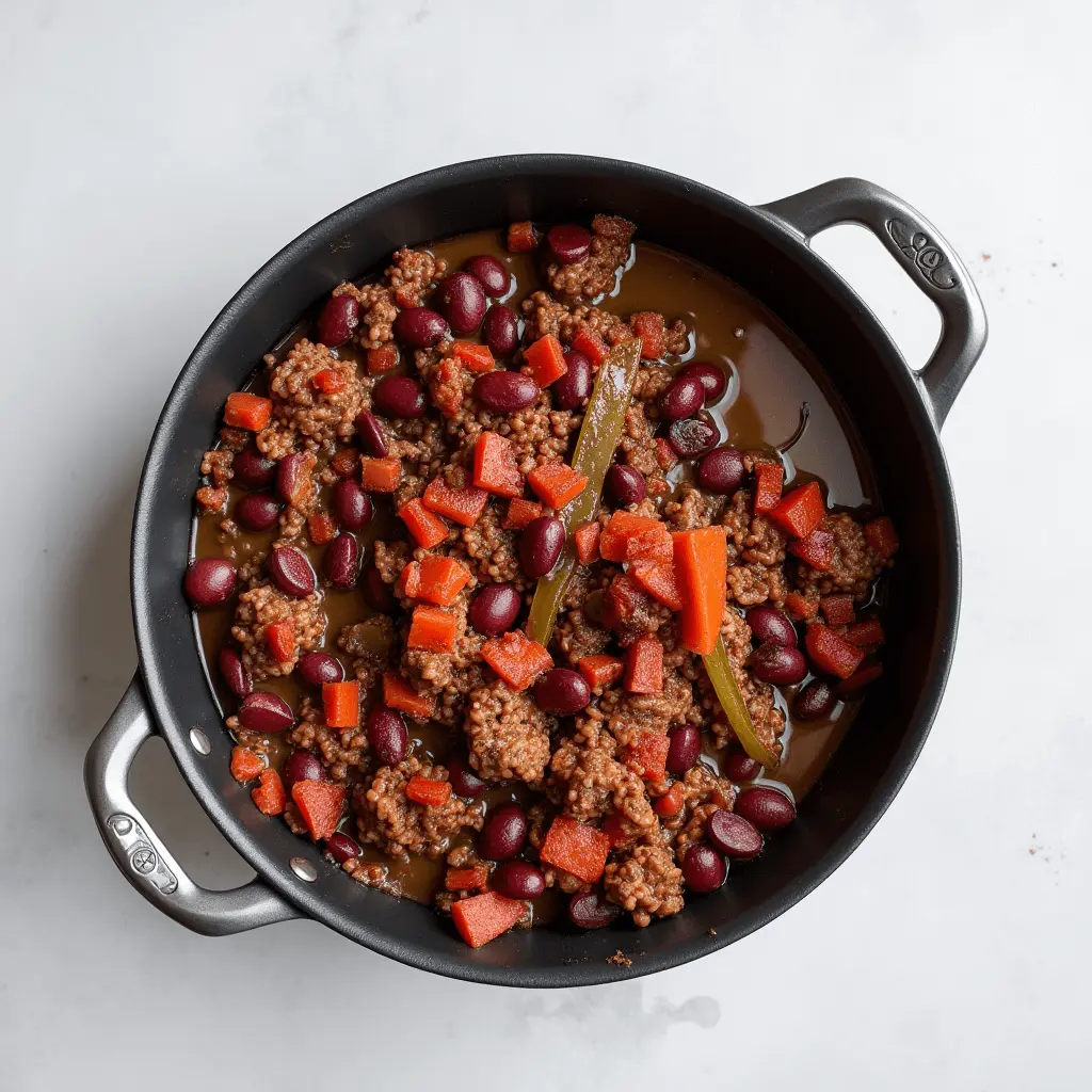 A black pot filled with simmering venison chili, featuring ground venison, kidney beans, diced carrots, and green peppers in a rich broth.