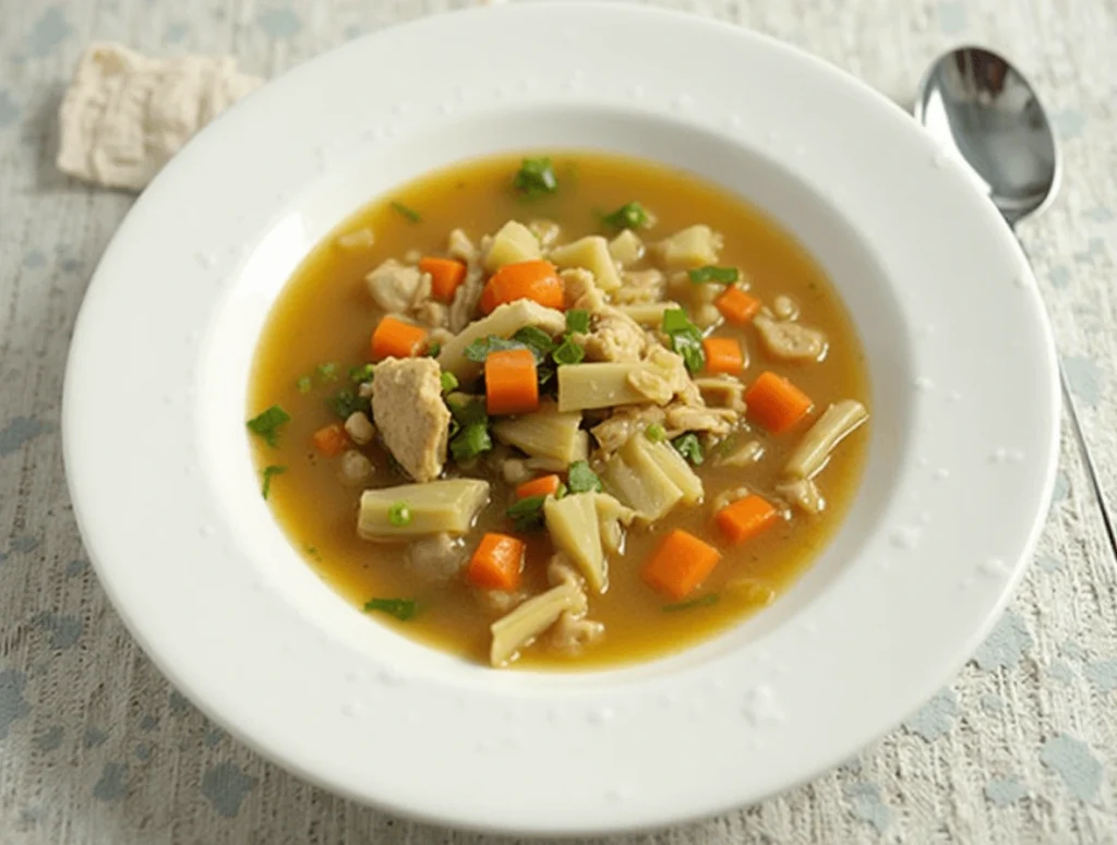 A steaming bowl of Chicken Cabbage Soup with tender chicken, cabbage, and vegetables.