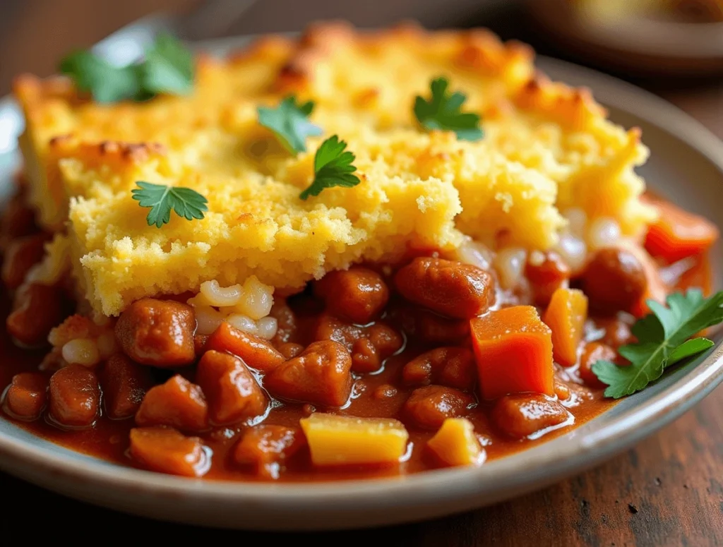 Cornbread topped chili pie baked in a cast iron skillet with golden crust and spicy chili filling