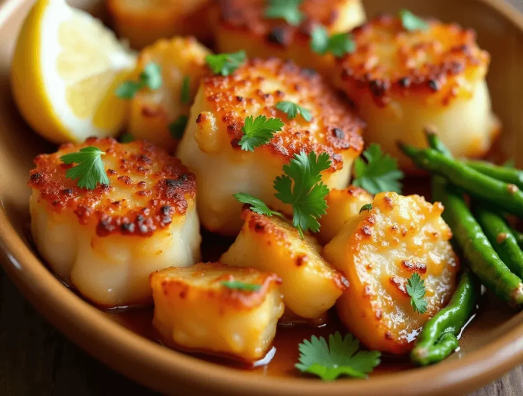 Seared scallops in a hot pan developing a golden crust