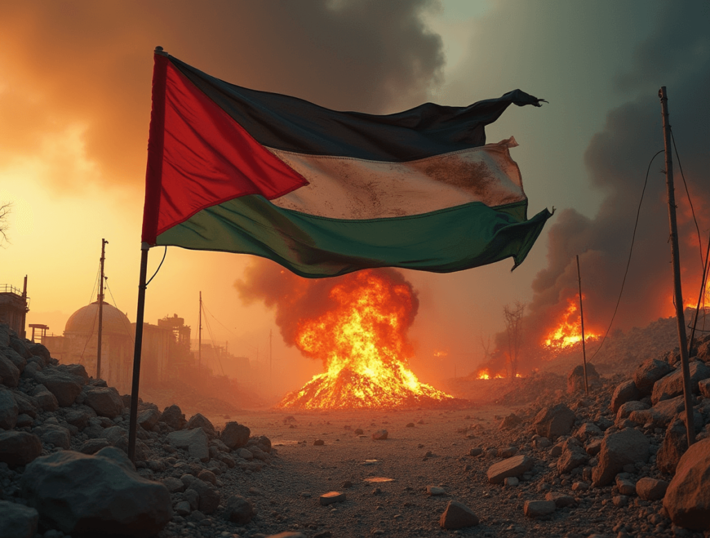 A devastated Gaza cityscape engulfed in flames and smoke, with the Palestinian flag standing amid the rubble as if defying the end of the world.