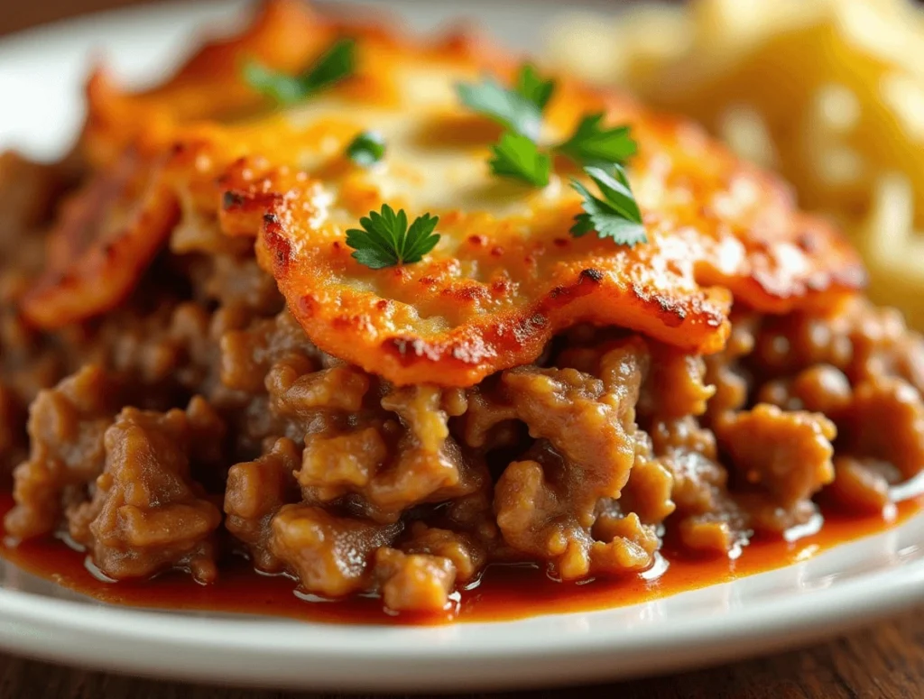 Close-up of meatloaf casserole layers showing meat, potatoes, and cheese.