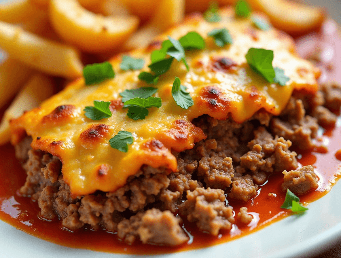 Baked meatloaf casserole with a golden cheese crust in a baking dish.