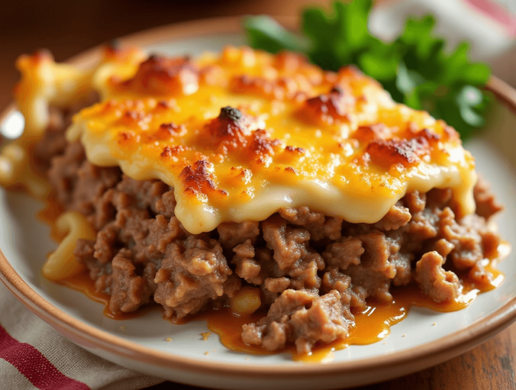 Meatloaf casserole served with green beans on a dinner plate.