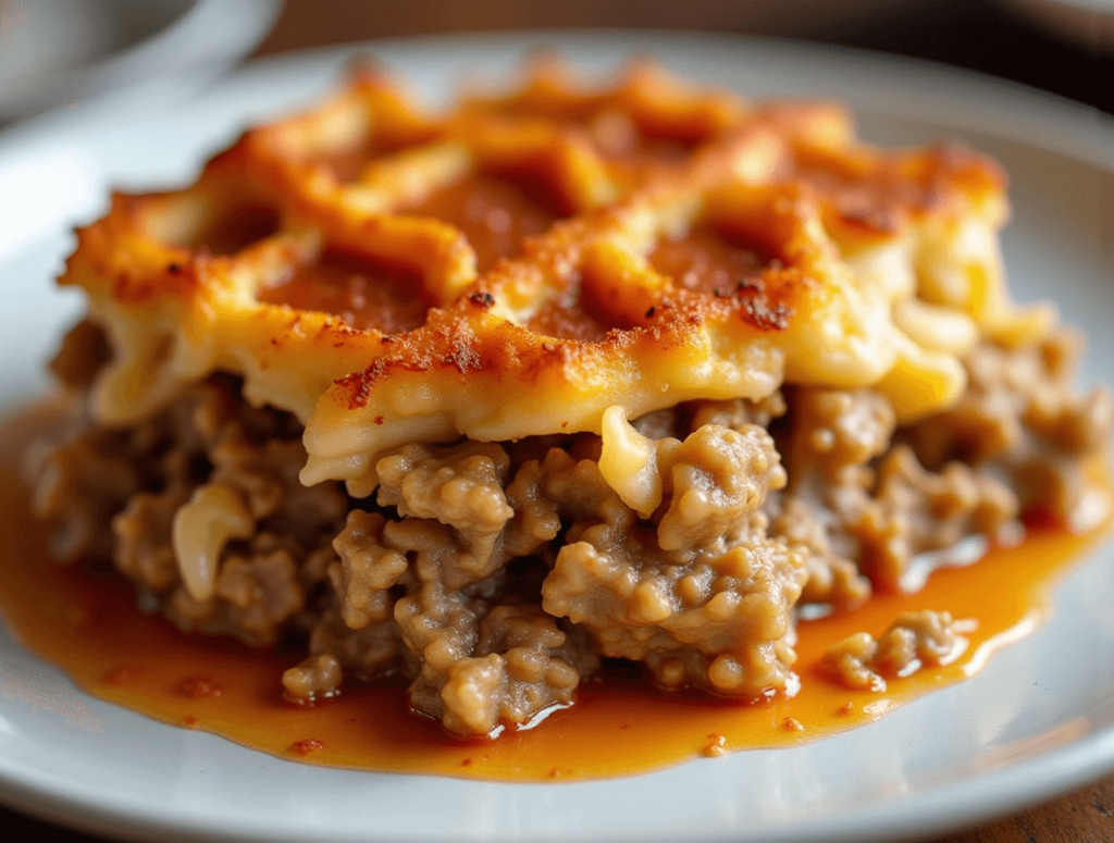 A serving of meatloaf casserole on a white plate with a fork and parsley garnish.
