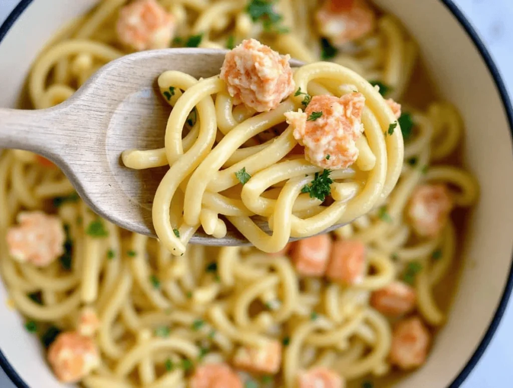 Close-up shot of lobster bisque pasta with fresh herbs on top.