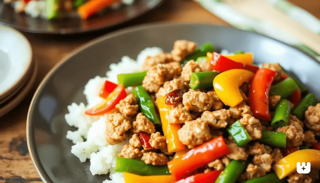 A colorful ground chicken stir-fry with mixed veggies in a savory sauce.