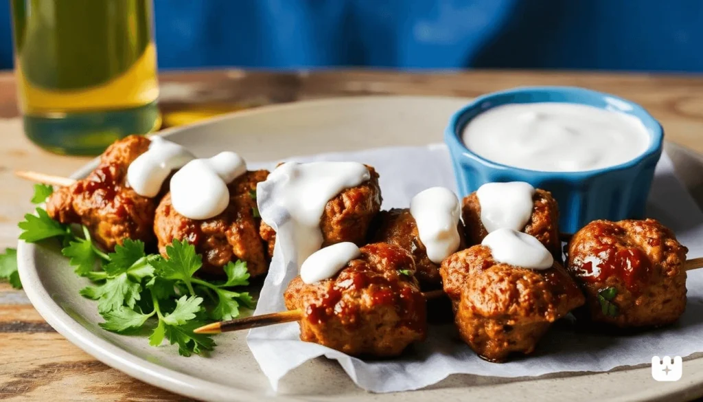 Grilled ground lamb kofta skewers served with creamy tzatziki sauce