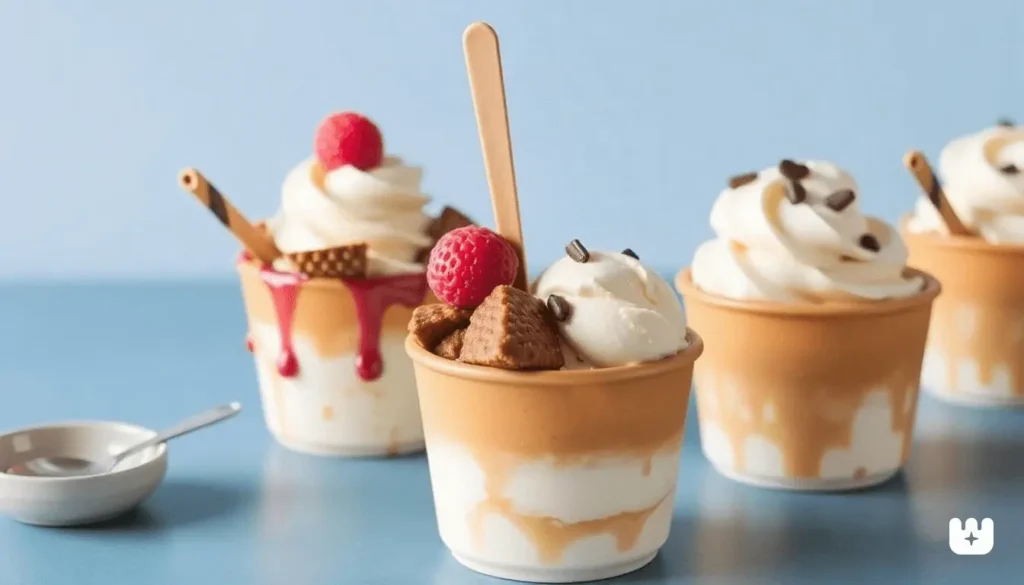 "Colorful ice cream cup station at birthday party with assorted toppings"