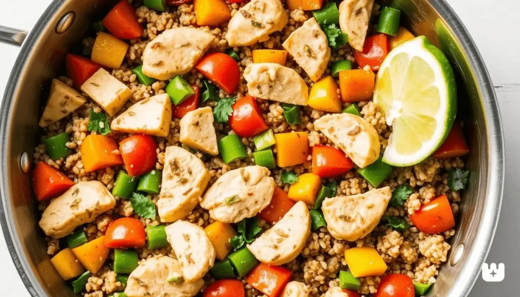 A delicious one-pan meal with ground chicken and quinoa, garnished with fresh herbs.