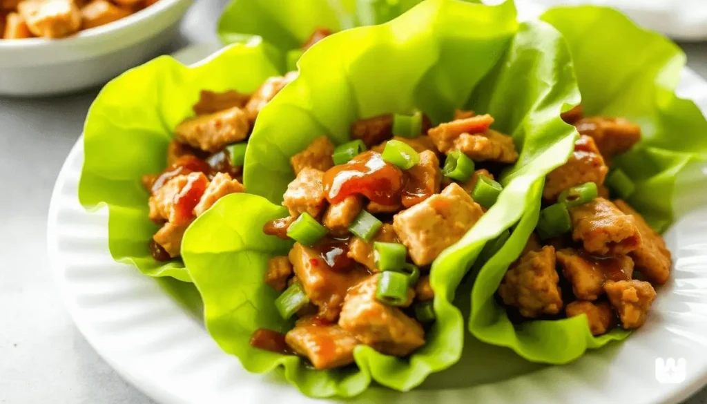 Ground chicken wrapped in crisp lettuce, topped with fresh veggies and a savory sauce