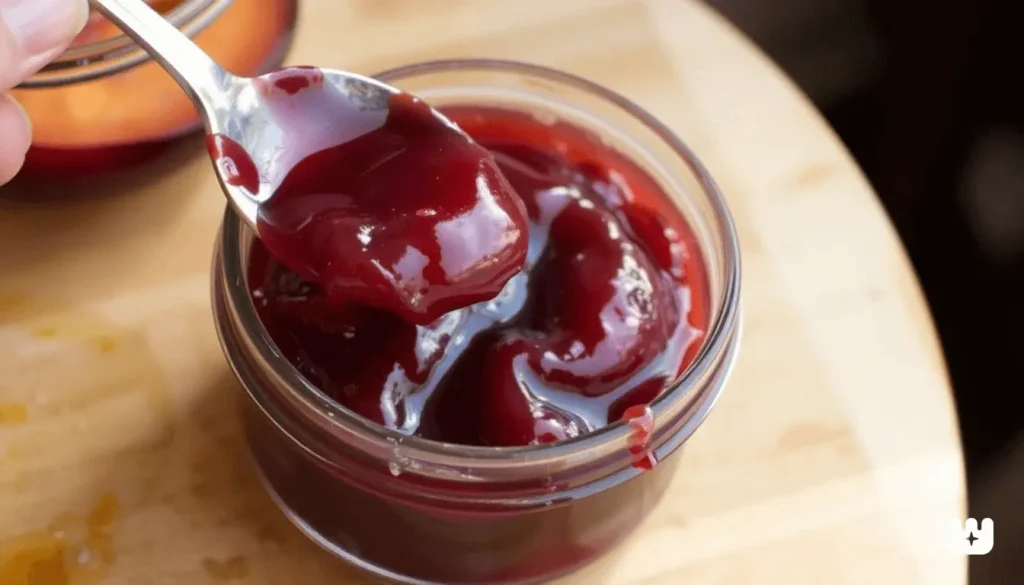 Hot plum jelly being poured into sterilized glass jars.
