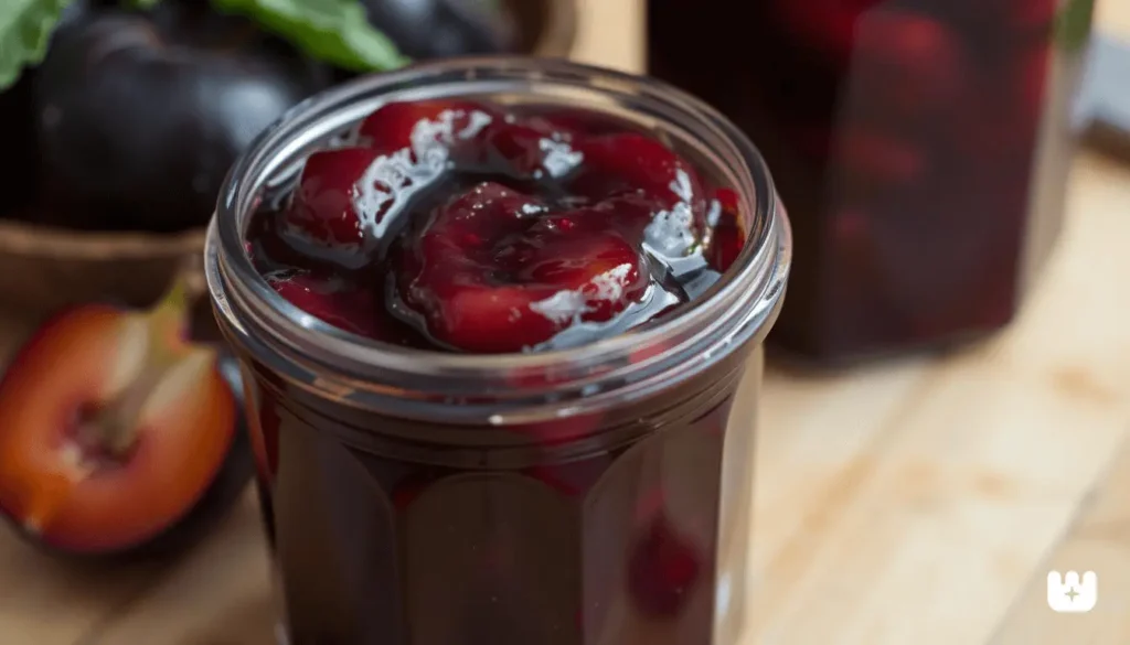 Sealed jars of plum jelly with decorative labels and fresh plums.