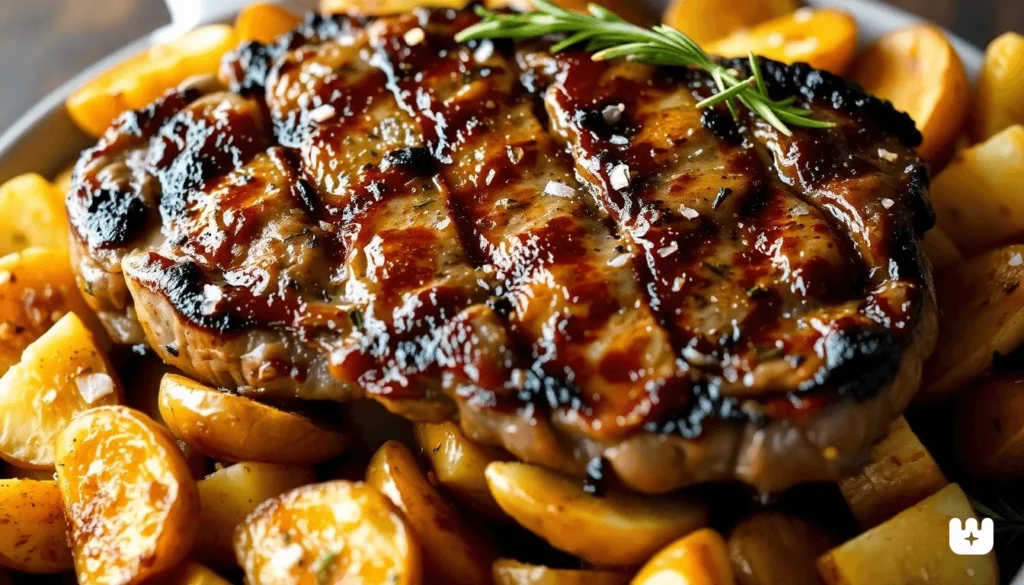 "Steak sizzling in a cast-iron skillet with butter and herbs"