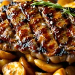 "Steak sizzling in a cast-iron skillet with butter and herbs"