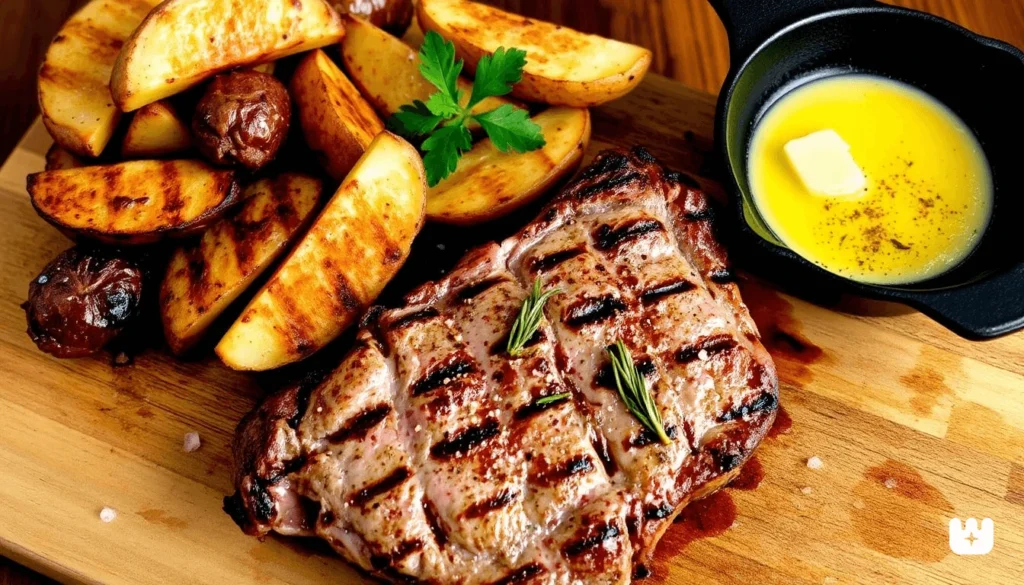 "Sliced steak with roasted potatoes and herbs on a white plate"