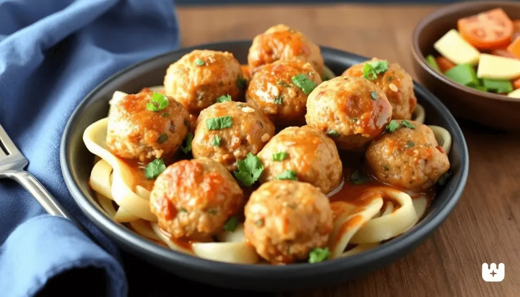Oven-baked ground chicken meatballs served with a side of marinara sauce.