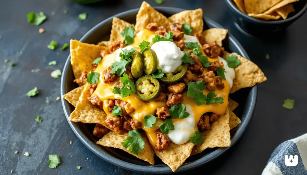 Loaded Carnitas Nachos topped with cheese, jalapeños, and fresh cilantro on a platter