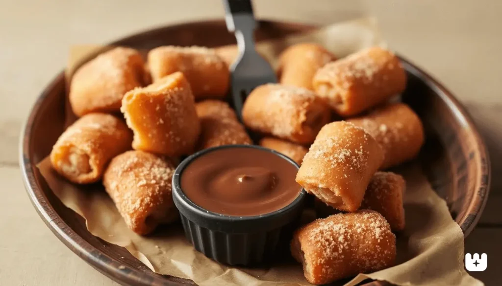 Bite-sized churros coated in cinnamon sugar with a side of chocolate dipping sauce