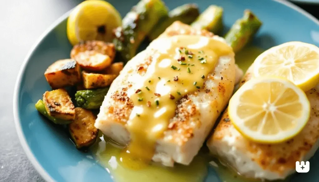 Baked lemon garlic cod fillet garnished with parsley and lemon slices on a white plate