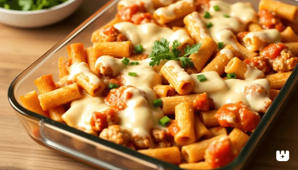 A cheesy pasta bake with ground chicken, marinara sauce, and melted mozzarella.