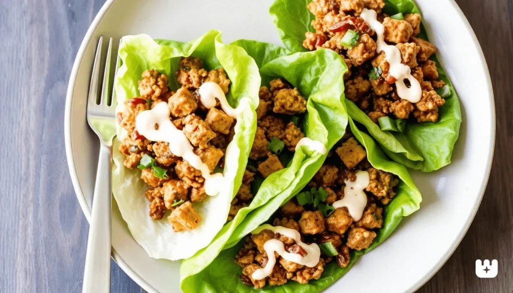 Ground chicken shawarma served in lettuce wraps with a drizzle of tahini sauce.