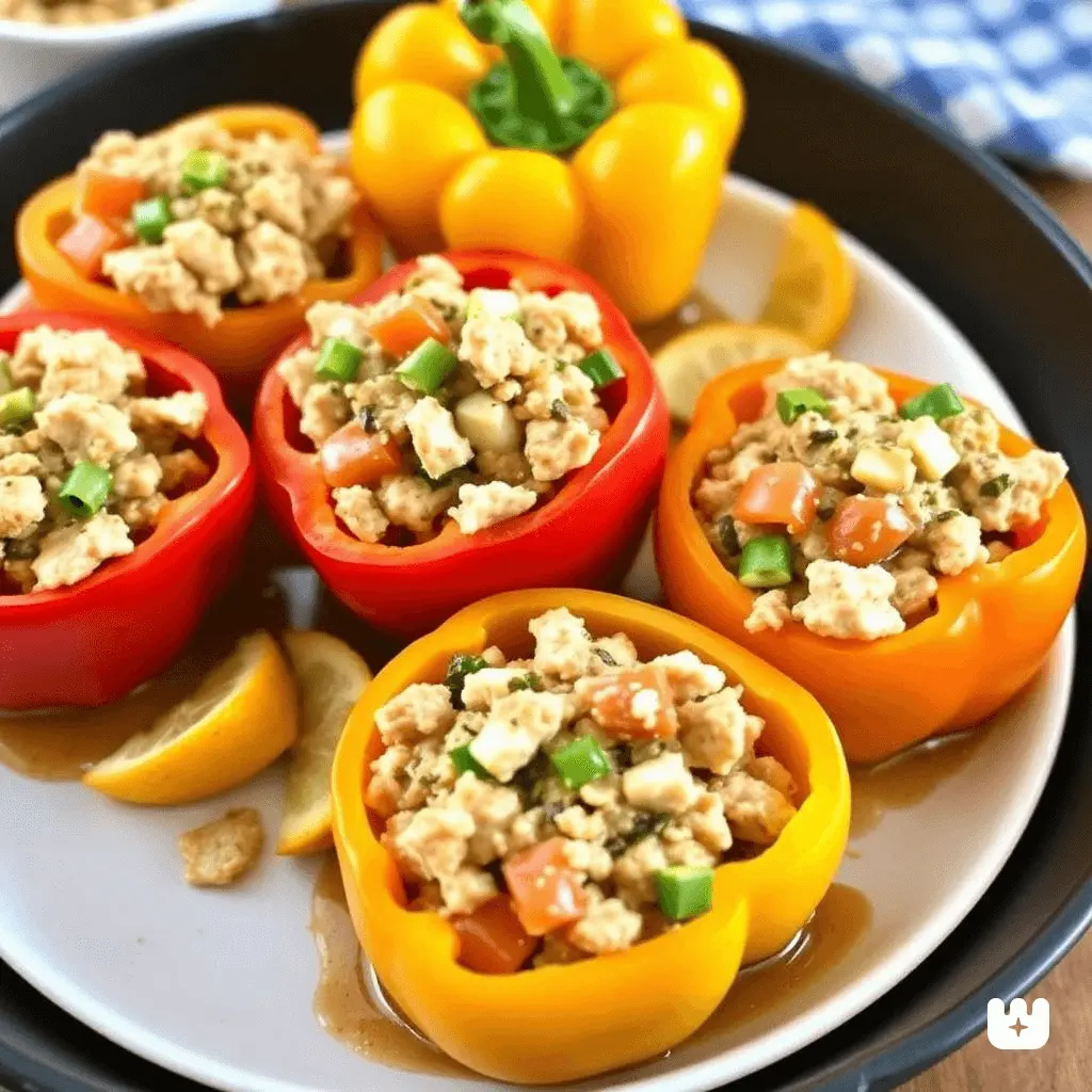 Colorful bell peppers stuffed with seasoned ground chicken and topped with melted cheese.