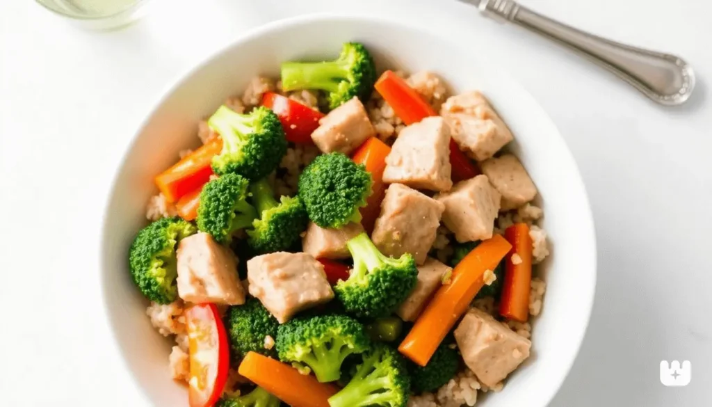 Healthy meal prep bowls filled with ground chicken, roasted veggies, and quinoa.