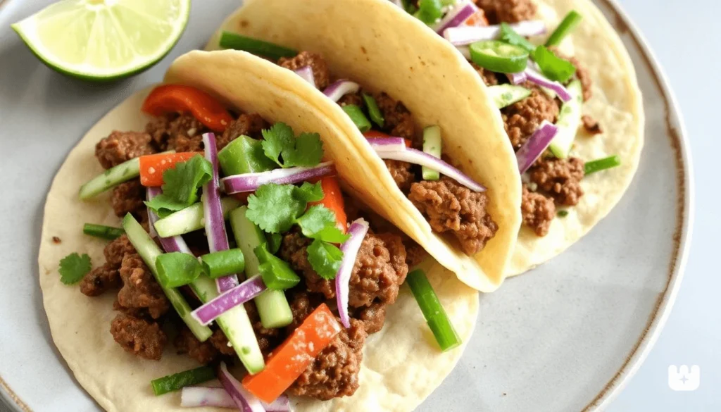 Spiced ground lamb tacos topped with yogurt sauce and fresh herbs