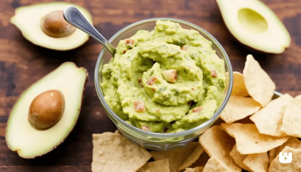 Bowl of guacamole garnished with pomegranate seeds and lime wedges