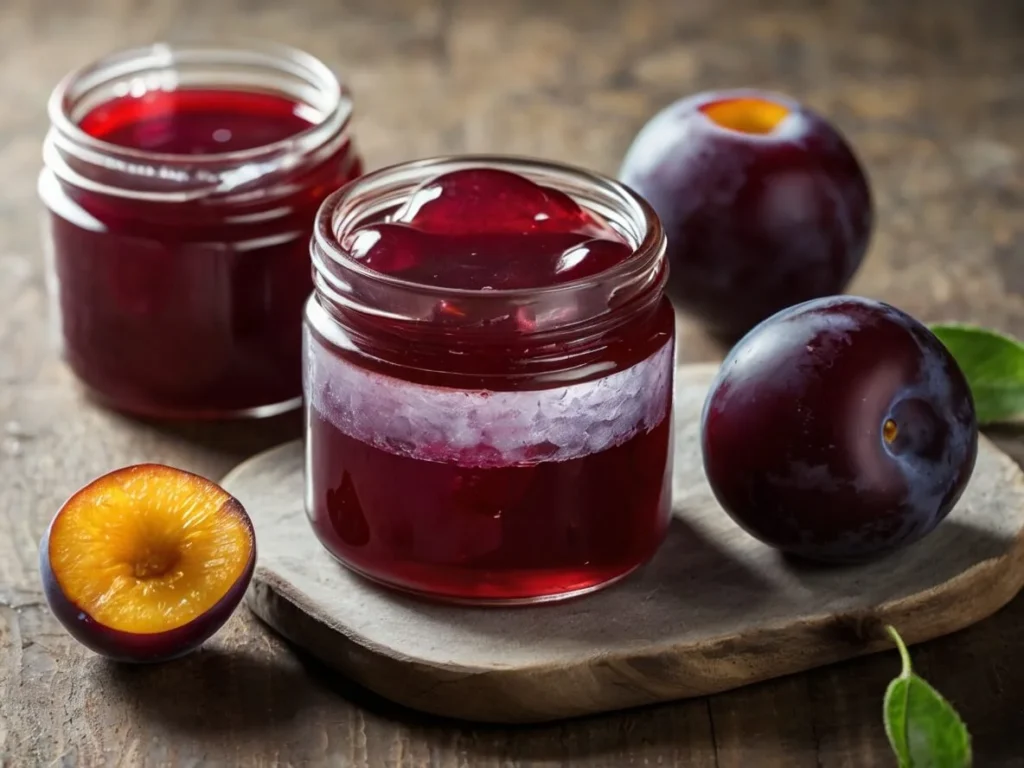 Plum juice and sugar boiling in a pot to make jelly.